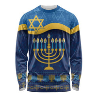 Blue long sleeve Hanukkah graphic shirt with gold menorah and Star of David pattern