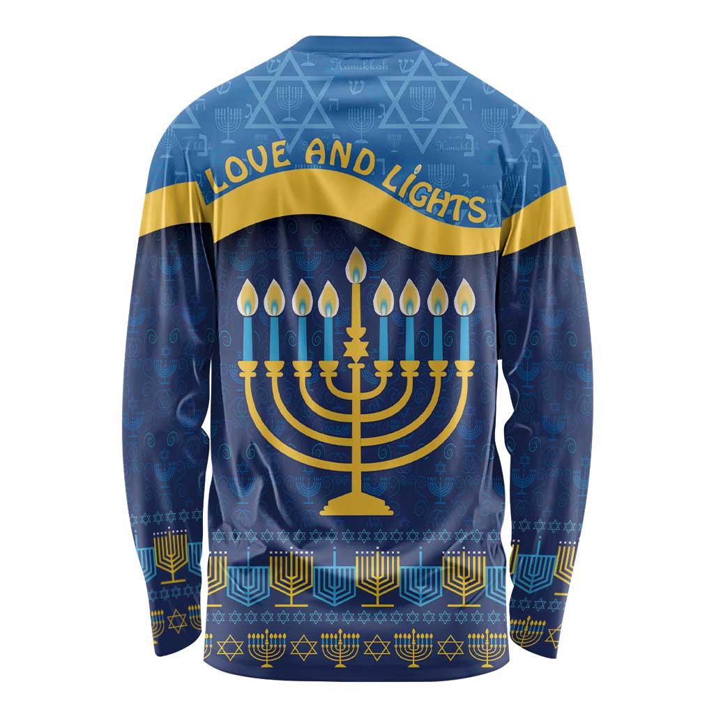 Blue long sleeve Hanukkah shirt, back shows gold menorah, candles, and 'Love and Lights'