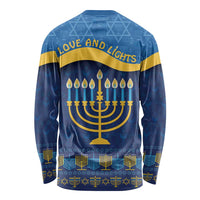 Blue long sleeve Hanukkah shirt, back shows gold menorah, candles, and 'Love and Lights'