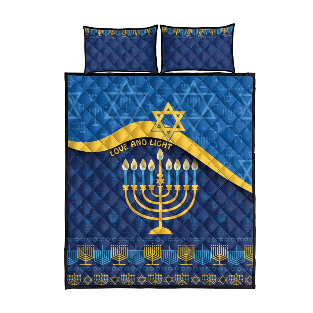 Blue quilt bed set with gold menorah and Star of David, includes matching pillow set