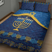 Blue Hanukkah quilt bed set featuring gold menorah, candles, and decorative border