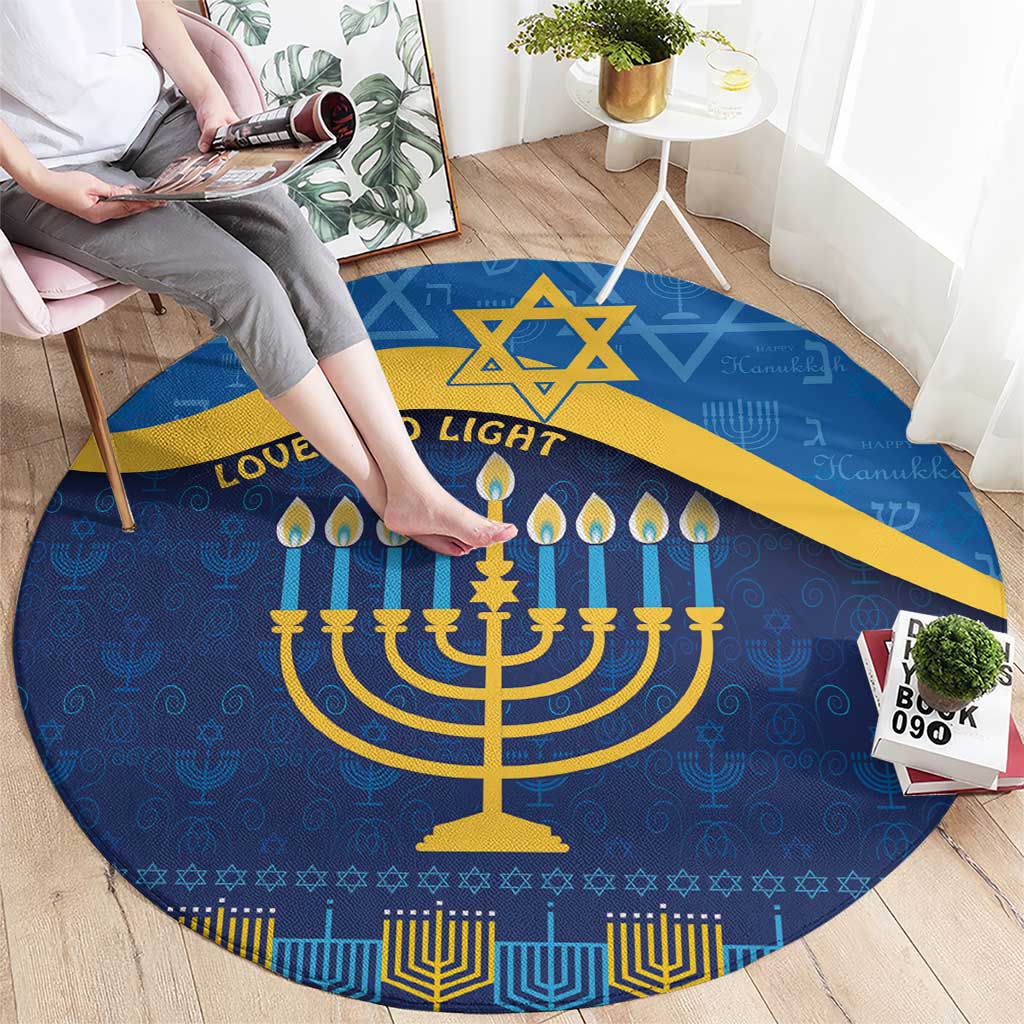 Blue round Hanukkah carpet with large gold menorah and candles pattern