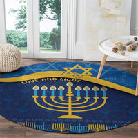 Blue round Hanukkah carpet with gold menorah, yellow stripe, and candle icons