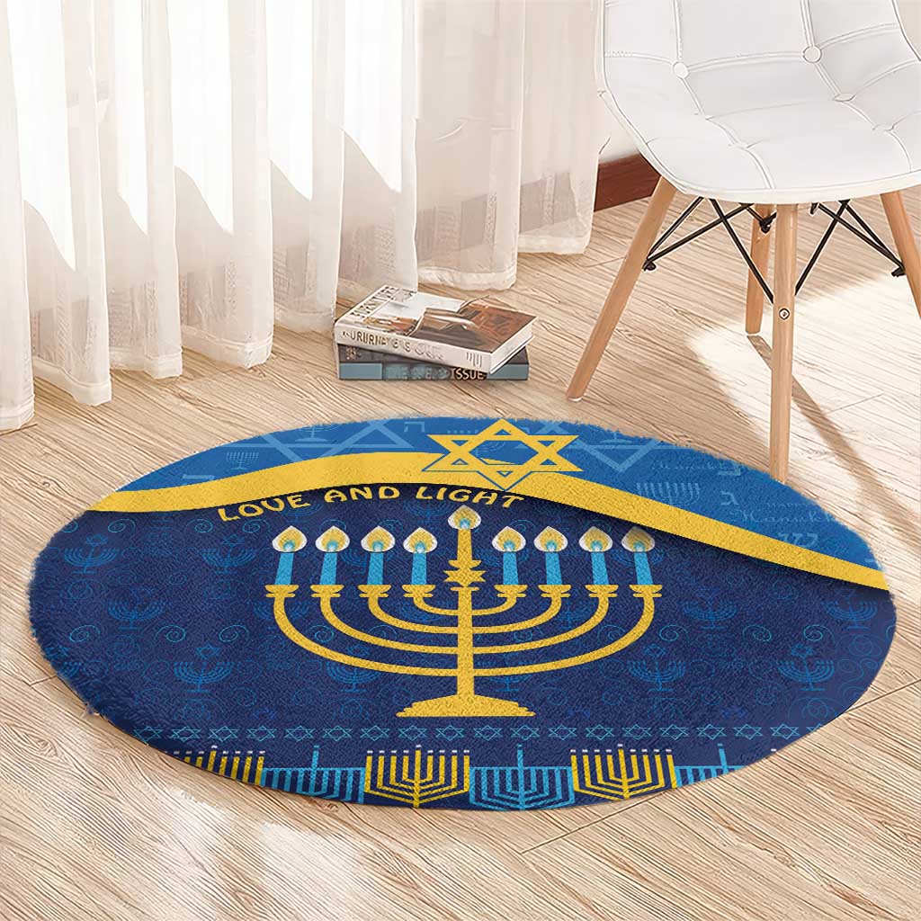 Blue round Hanukkah carpet with gold menorah and “Love and Light” ring text