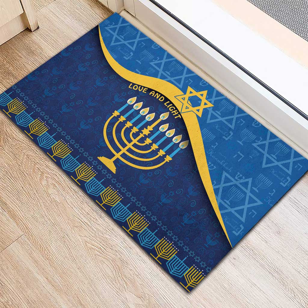 Blue Hanukkah rubber doormat with gold menorah flames and Star of David pattern