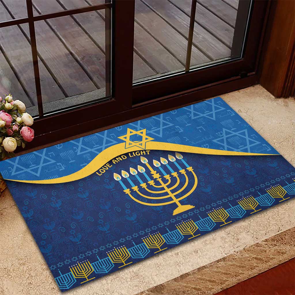 Blue Hanukkah rubber doormat with gold menorah, "Love and Light" ribbon, and border