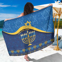 Blue hanukkah sarong with yellow border, menorah and Star of David pattern