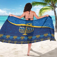 Blue hanukkah sarong with yellow trim and menorah stripe pattern