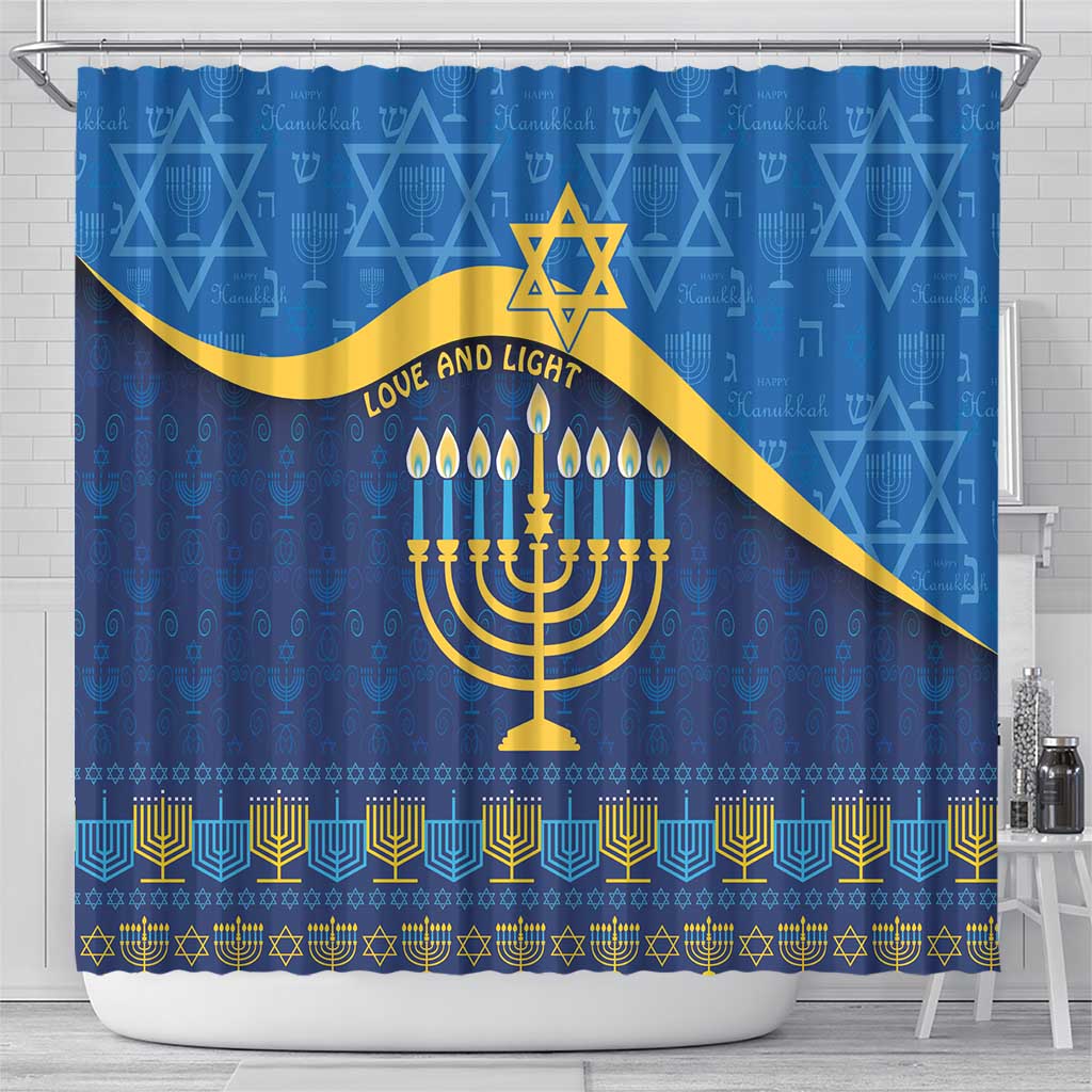 Blue Hanukkah shower curtain, gold menorah and Star of David with “Love and Light”