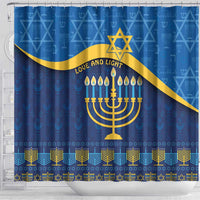 Blue Hanukkah shower curtain with large menorah, Star of David, and gold patterned border