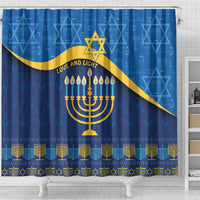 Blue Hanukkah shower curtain showing gold menorah, Star of David, and “Love and Light”