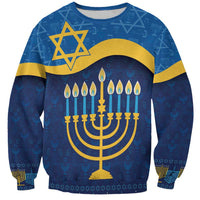 Blue Hanukkah sweatshirt with menorah, candles, and Star of David graphic