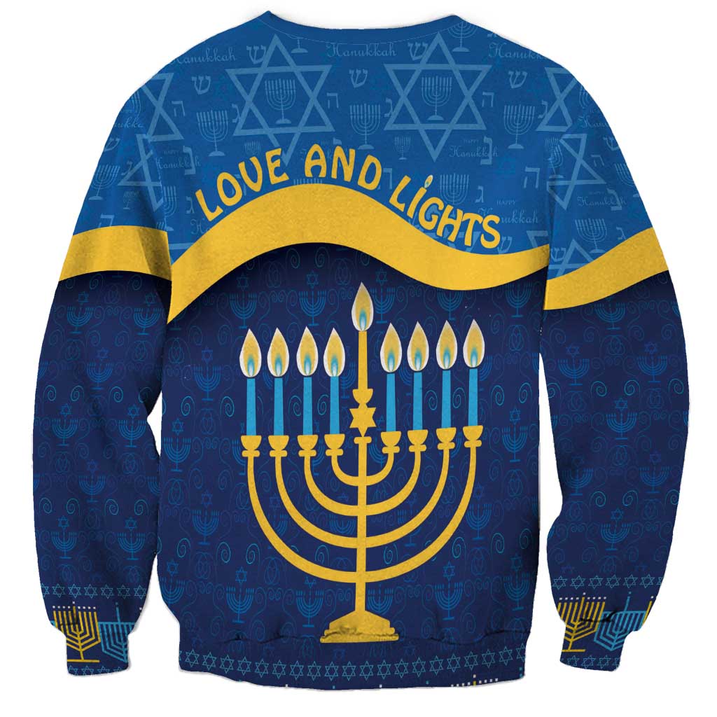 Blue Hanukkah sweatshirt with 'LOVE AND LIGHTS' text and menorah