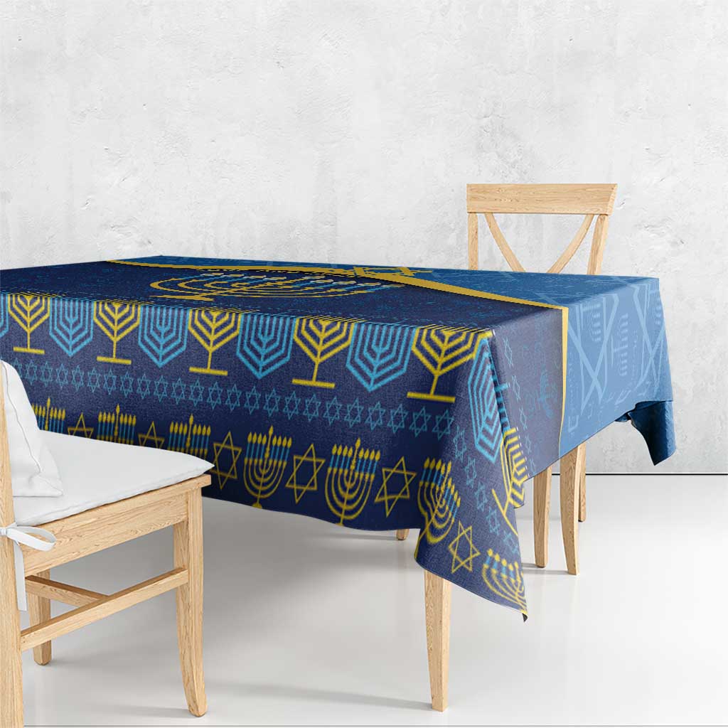 Blue Hanukkah tablecloth with gold border and menorah plus star of David motifs