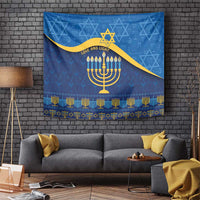 Blue Hanukkah tapestry with gold Star of David, crescent, and menorah pattern