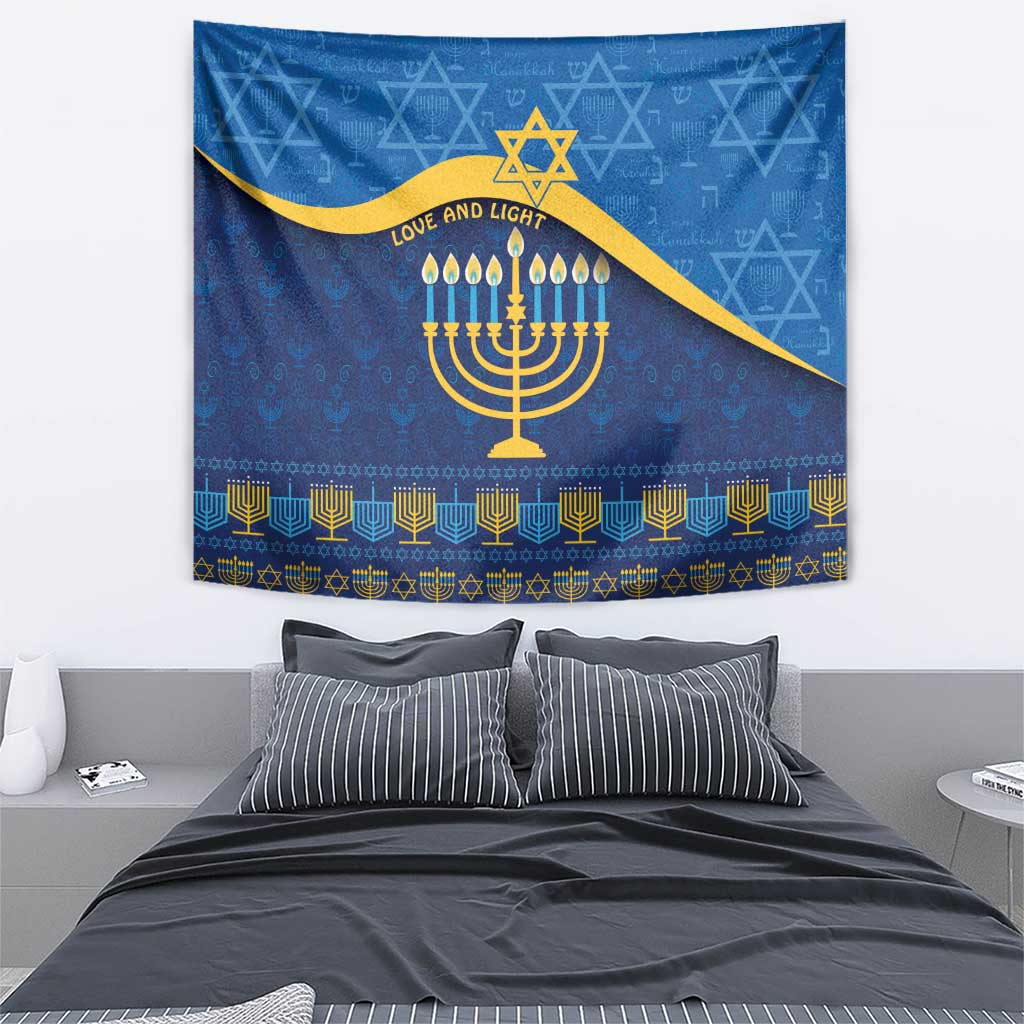 Blue and gold Hanukkah tapestry wall hanging with menorah, Star of David, and border