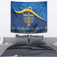 Blue and gold Hanukkah tapestry wall hanging with menorah, Star of David, and border