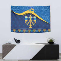 Blue Hanukkah tapestry featuring gold menorah and Star of David with decorative band