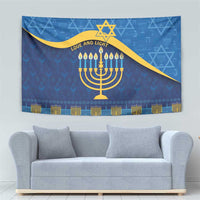 Blue Hanukkah tapestry with gold menorah menorah pattern, Star of David, and festive border
