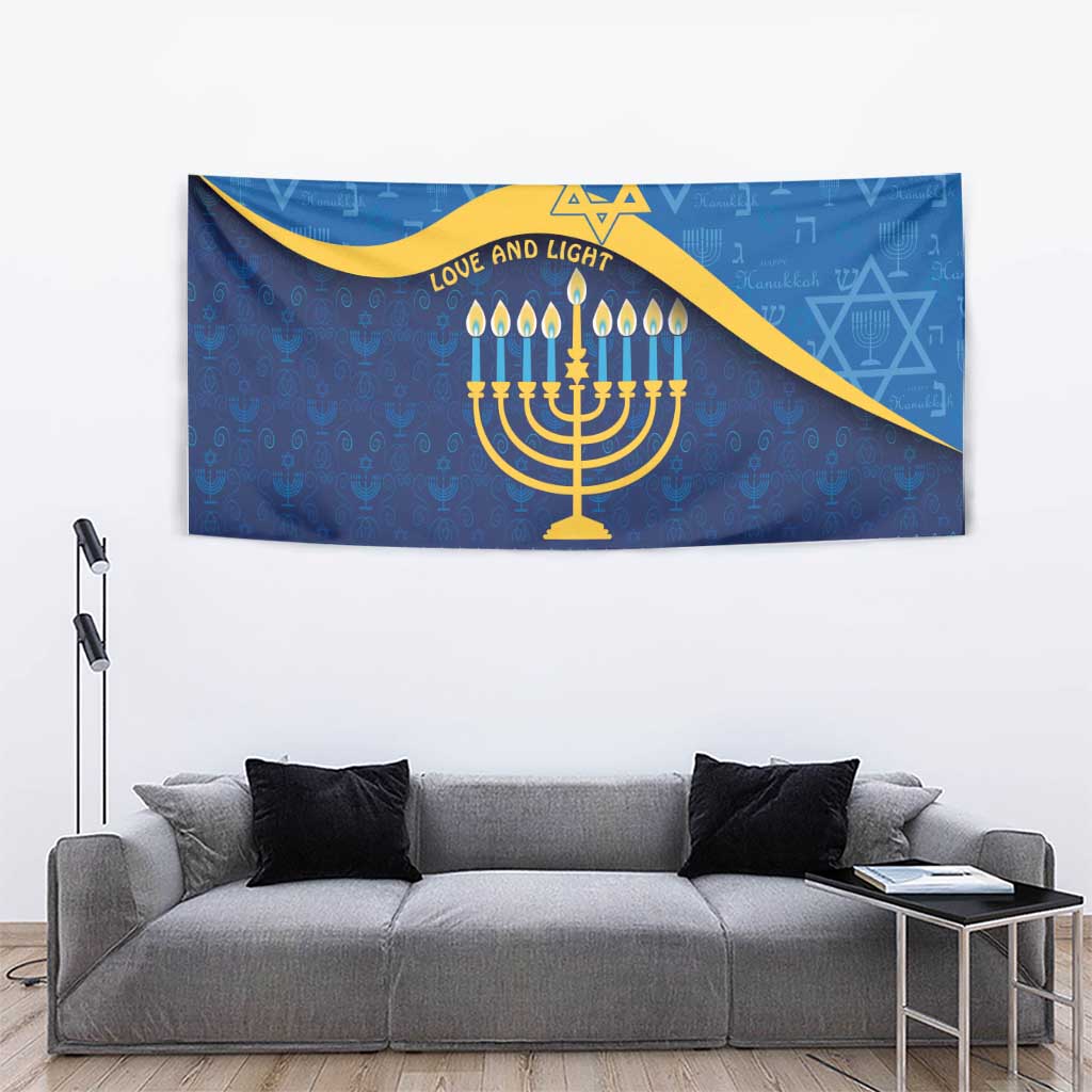 Blue Hanukkah tapestry with gold Star of David, crescent, and menorah flames