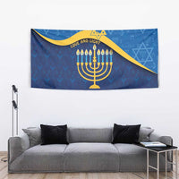 Blue Hanukkah tapestry with gold Star of David, crescent, and menorah flames