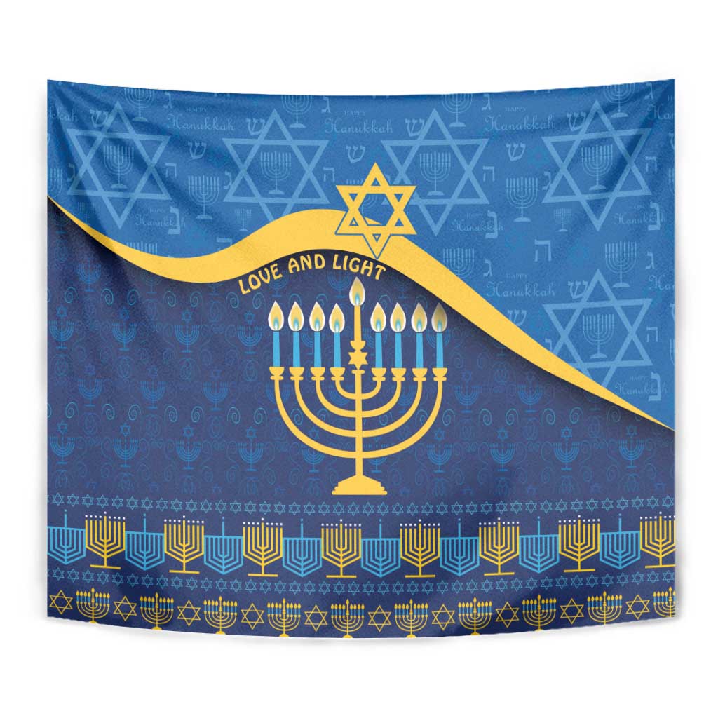 Blue Hanukkah tapestry close-up with gold menorah, Star of David, and patterned border