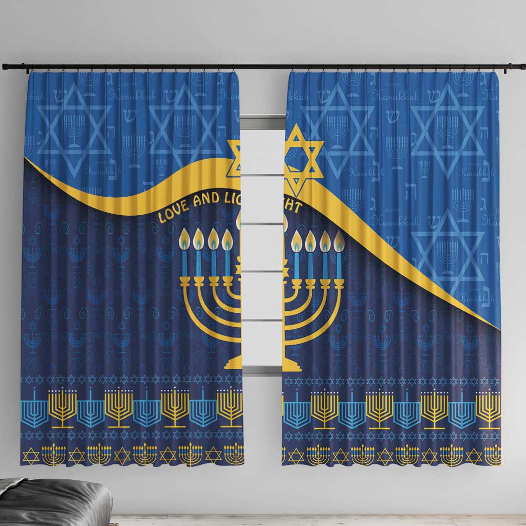Blue Hanukkah window curtain set with gold Star of David and menorah pattern