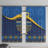 Blue Hanukkah window curtain set with gold Star of David and menorah pattern