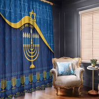 Blue Hanukkah curtain with gold menorah, star accents, and “LOVE AND LIGHT” text