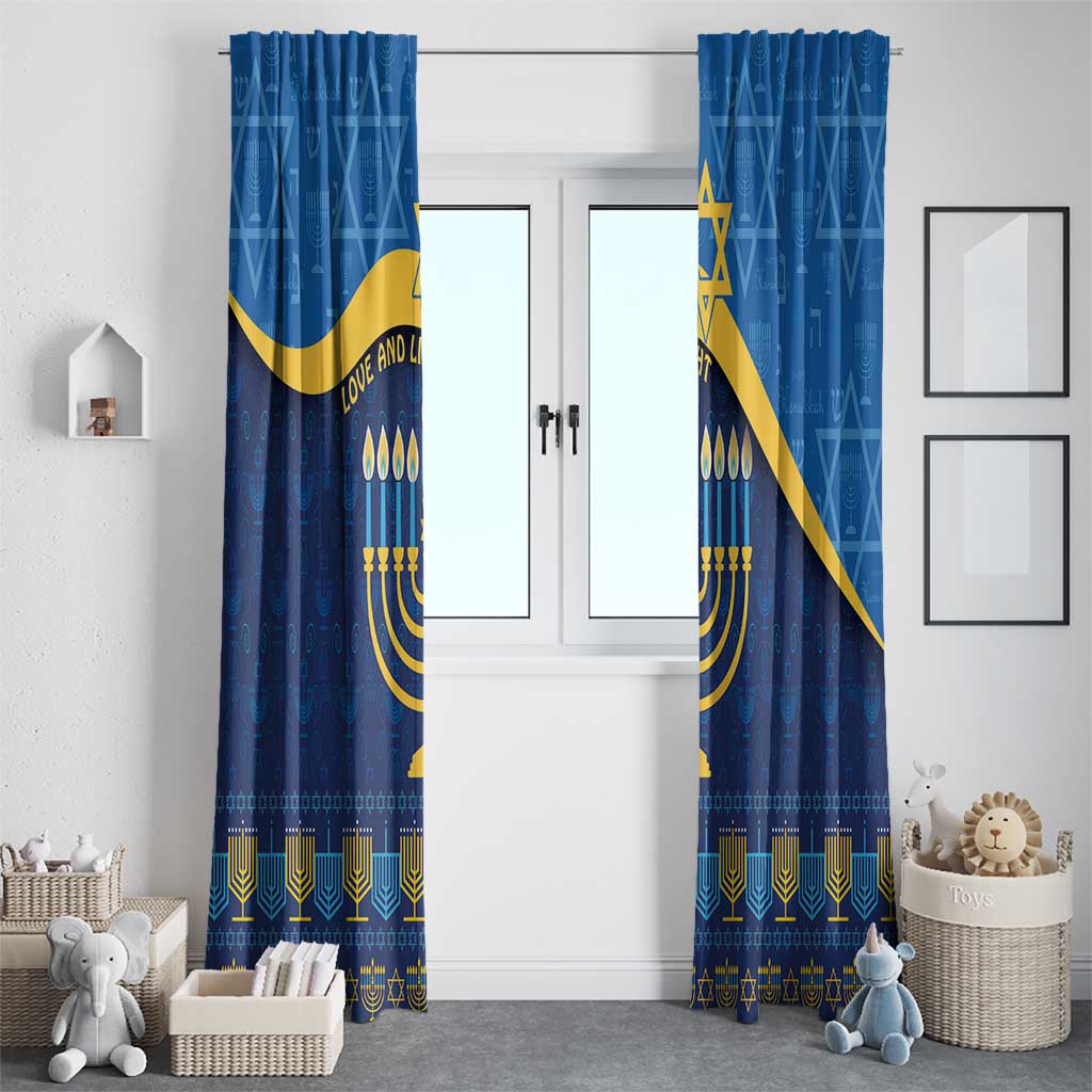 Blue Hanukkah curtain panels with gold Star of David, menorah, and decorative border