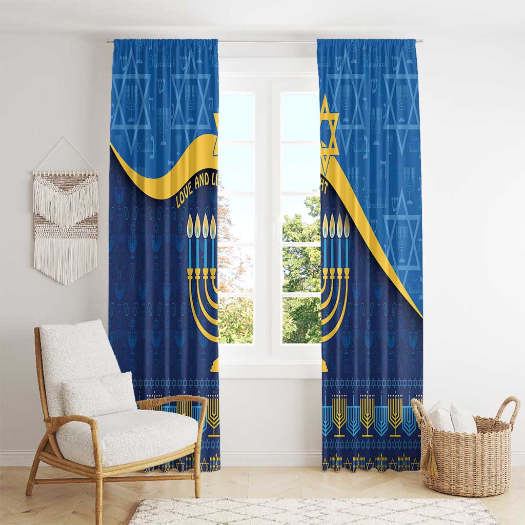 Blue Hanukkah curtains with gold diagonal stripe, menorah candles, and geometric pattern