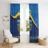 Blue Hanukkah curtains with gold diagonal stripe, menorah candles, and geometric pattern
