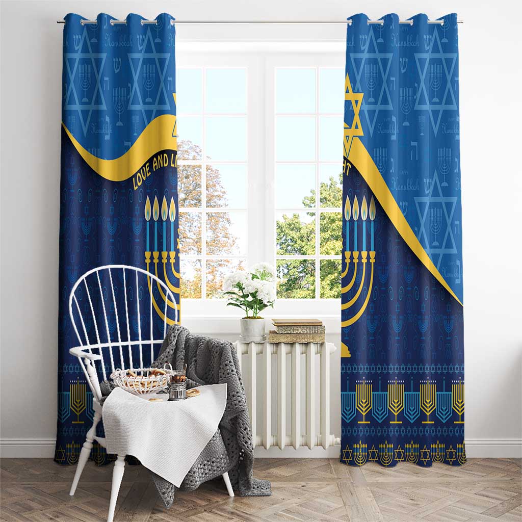 Blue Hanukkah curtain with gold star, menorah candles, and ornate bottom border