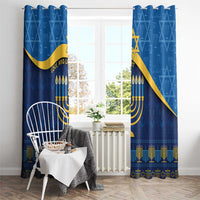 Blue Hanukkah curtain with gold star, menorah candles, and ornate bottom border