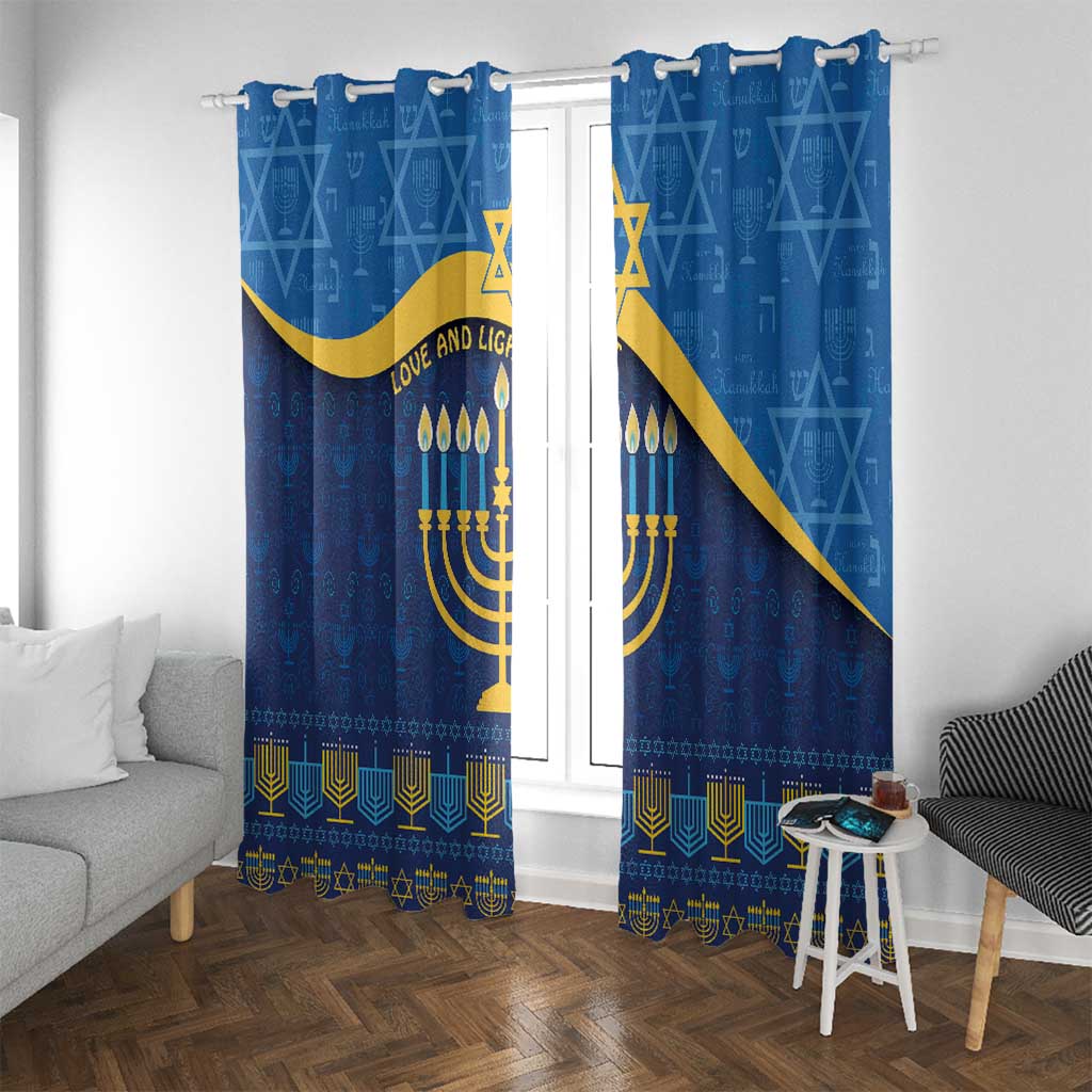 Blue Hanukkah window curtain panels with gold diagonal sash and menorah candle motif