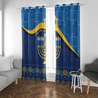 Blue Hanukkah window curtain panels with gold diagonal sash and menorah candle motif