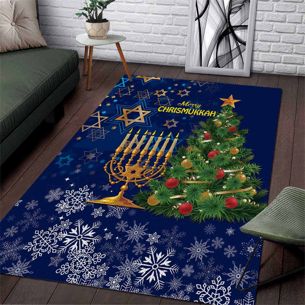 Blue seasonal area rug with menorah, Christmas tree, snowflake pattern and star motifs