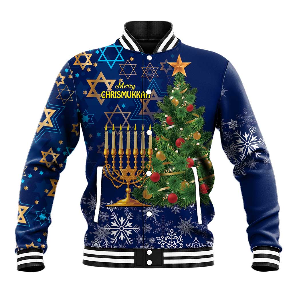 Blue unisex baseball jacket with Merry Chrismukkah graphic and festive Christmas tree design