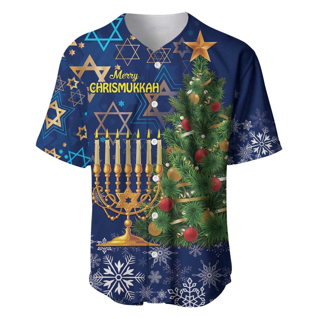 Blue baseball jersey with 'Merry Chrismukkah' print, stars, menorah and Christmas tree