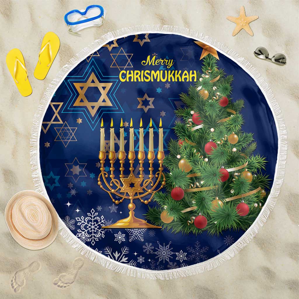 Blue round beach blanket with white fringe, menorah and pine tree, 'Merry Chrismukkah' text