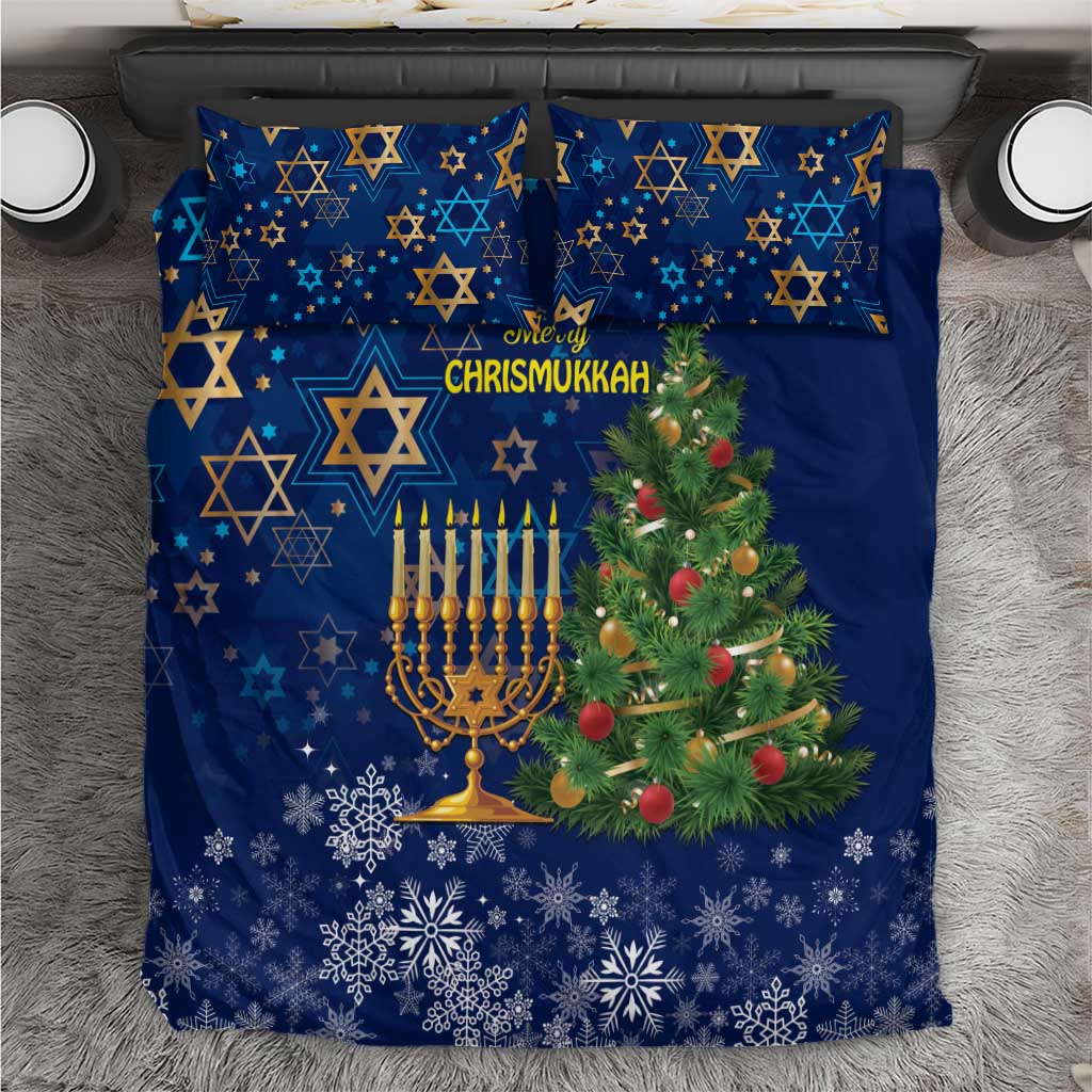 Blue Chrismukkah duvet cover with menorah, Christmas tree, and Star of David pattern