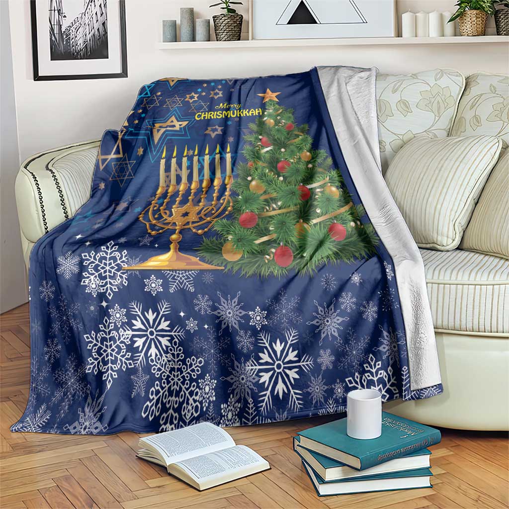 Blue Christmasukkah blanket with menorah, evergreen tree, stars, and snowflakes