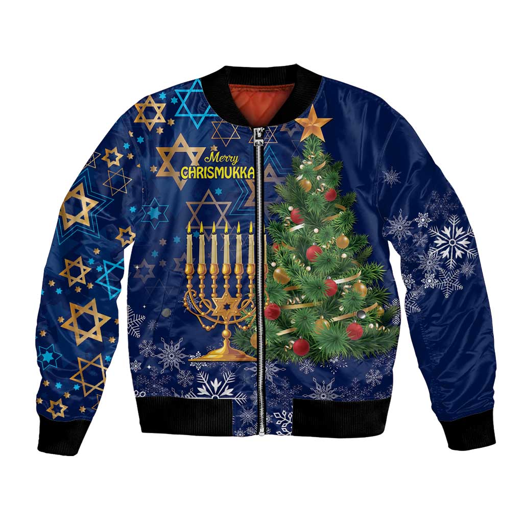 Blue unisex bomber jacket with zip front, ribbed trim, menorah and Christmas tree graphic