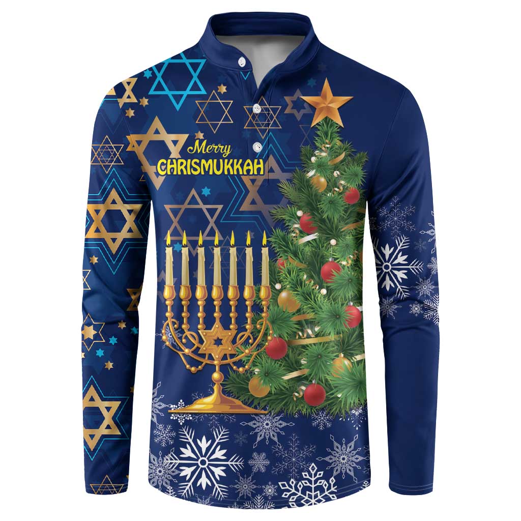 Blue long-sleeve button sweatshirt with menorah and Christmas tree graphic