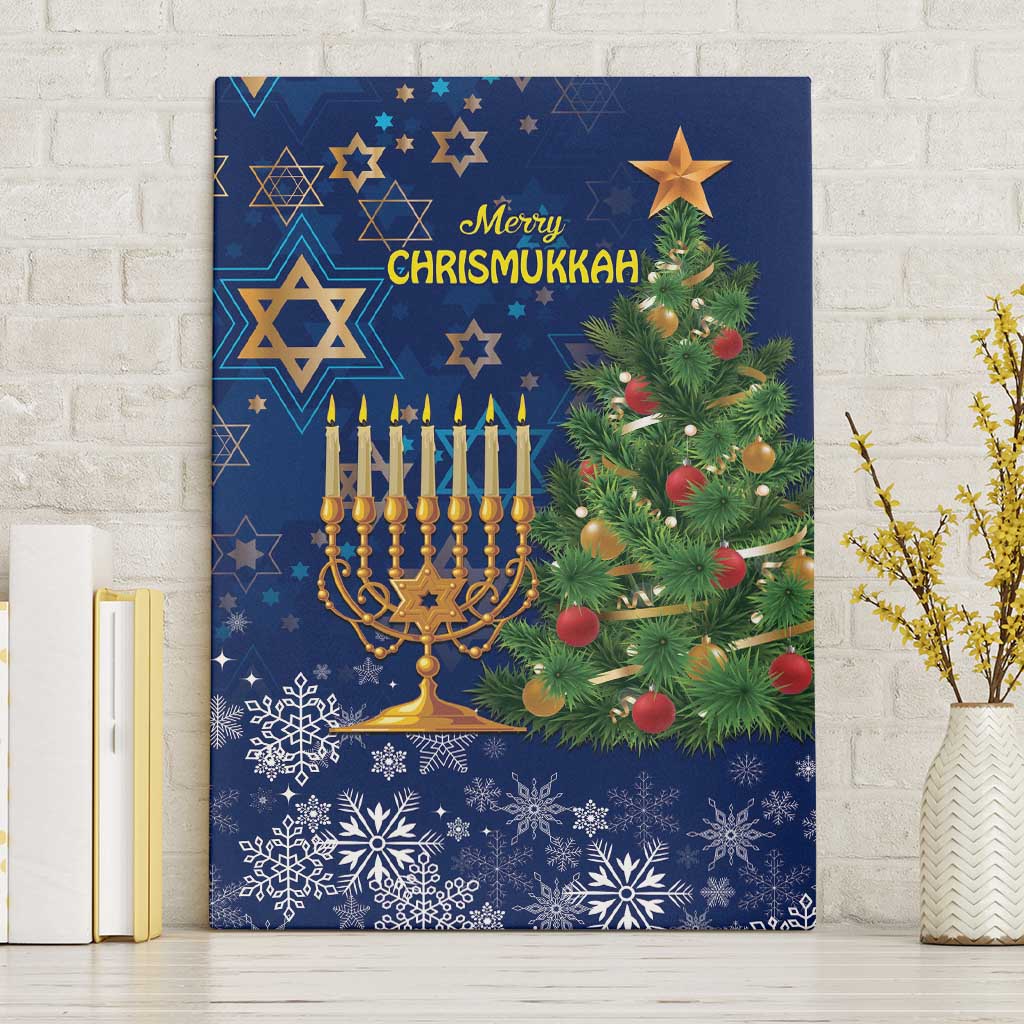 Blue Chrismukkah canvas wall art with menorah, Christmas tree, stars, and holiday text