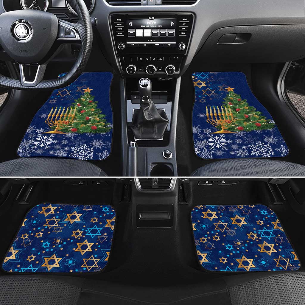 Blue holiday car floor mats set with menorah, star and Christmas tree and snowflakes