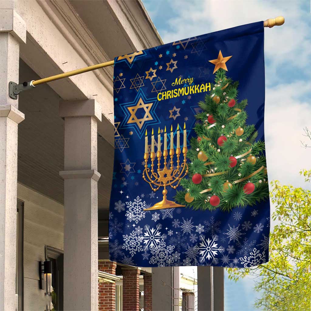 Blue Chrismukkah garden flag with menorah, Christmas tree, and star symbols