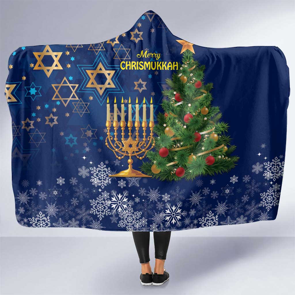 Blue hooded blanket with Star of David pattern, menorah and Christmas tree motif