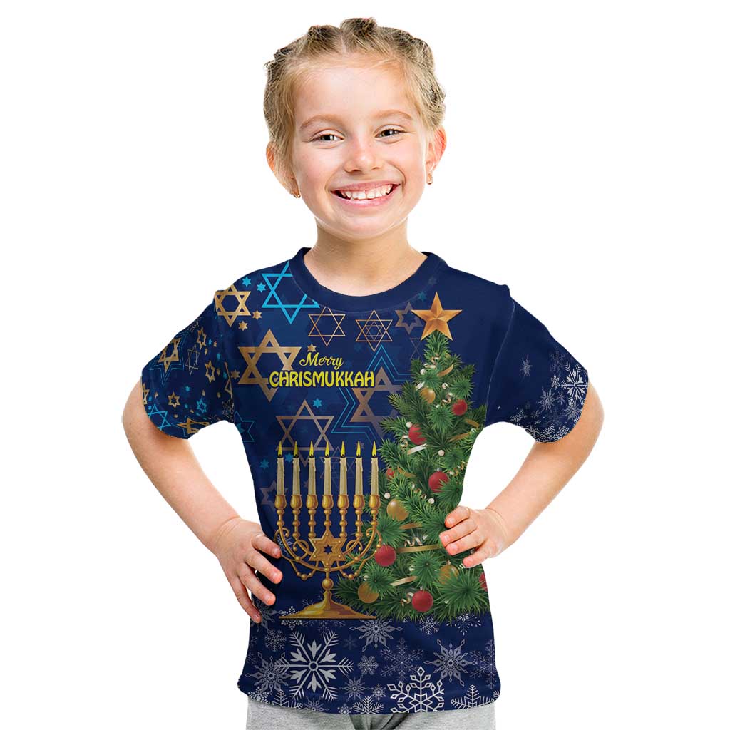 Kids navy T-shirt with Chrismukkah front graphic: tree, menorah, stars