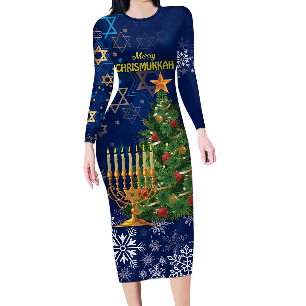 Blue long-sleeve bodycon dress with Christmas tree, menorah and star print